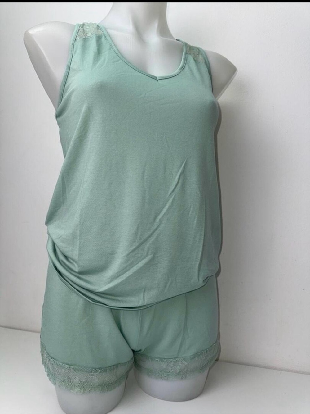 Flora Nikrooz Soft Lace-Trim Sleep Tank and Shorts - Mint NWT